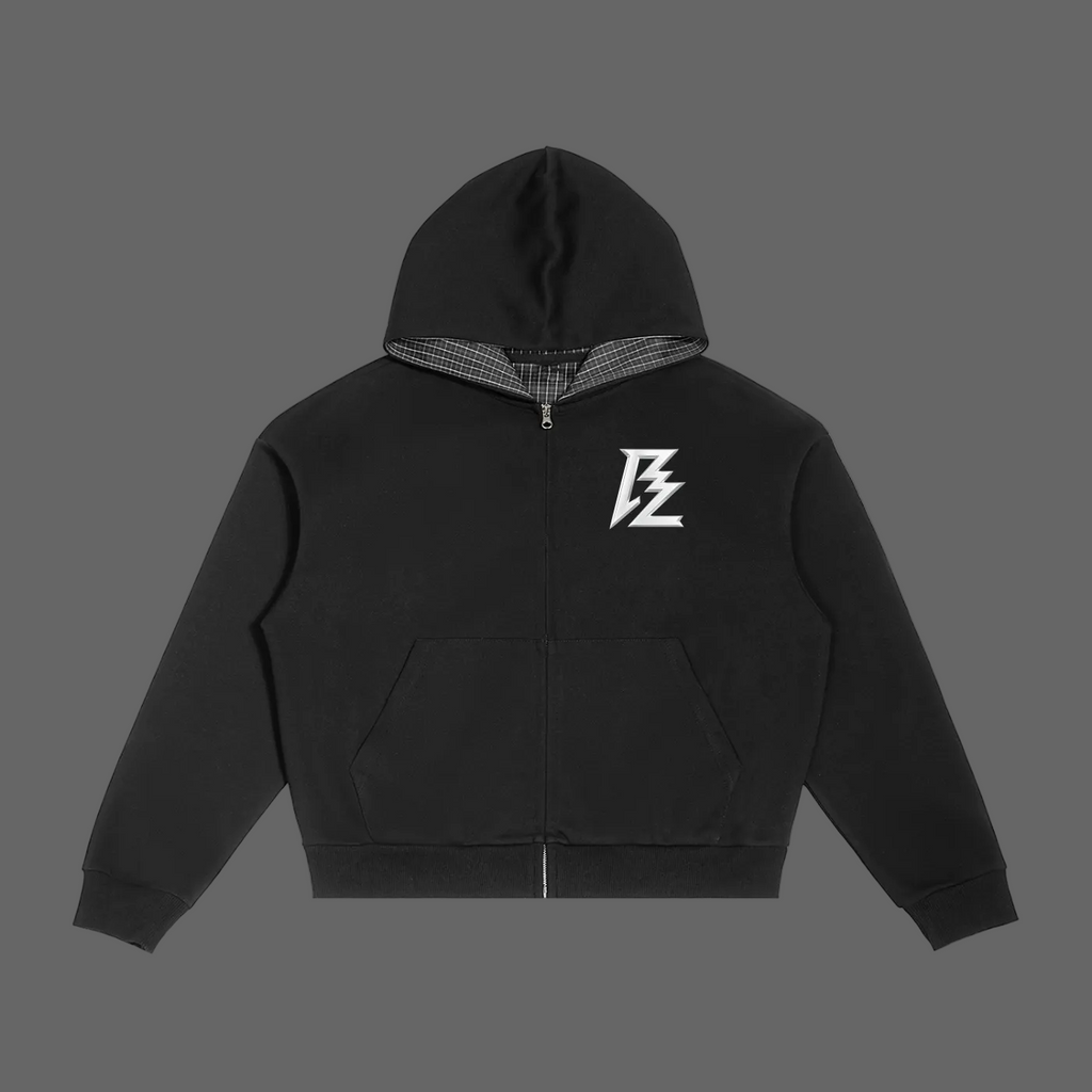 BARZUP Chrome Monogram Contrast Plaid Boxy Zip Hoodie